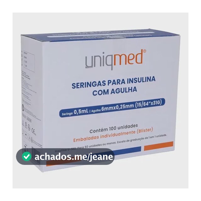 Seringa Insulina UniqMed 0,5ml Agulha 6mm x 0,25mm 31G 100 Unidades