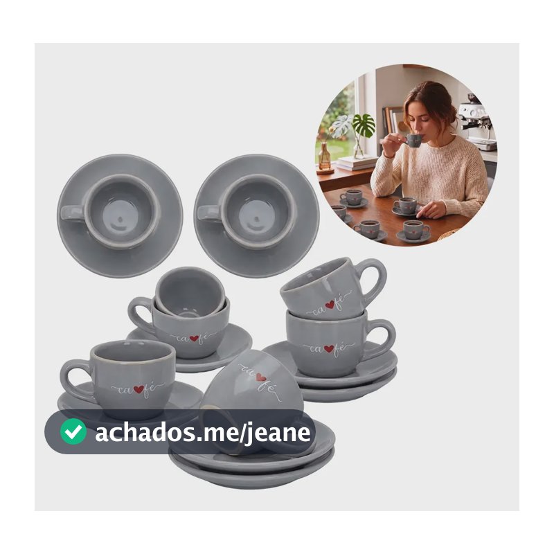 Jogo 6 Xícaras De Café Com Pires Cinza Veneza 90ml 12 Peças Cinza