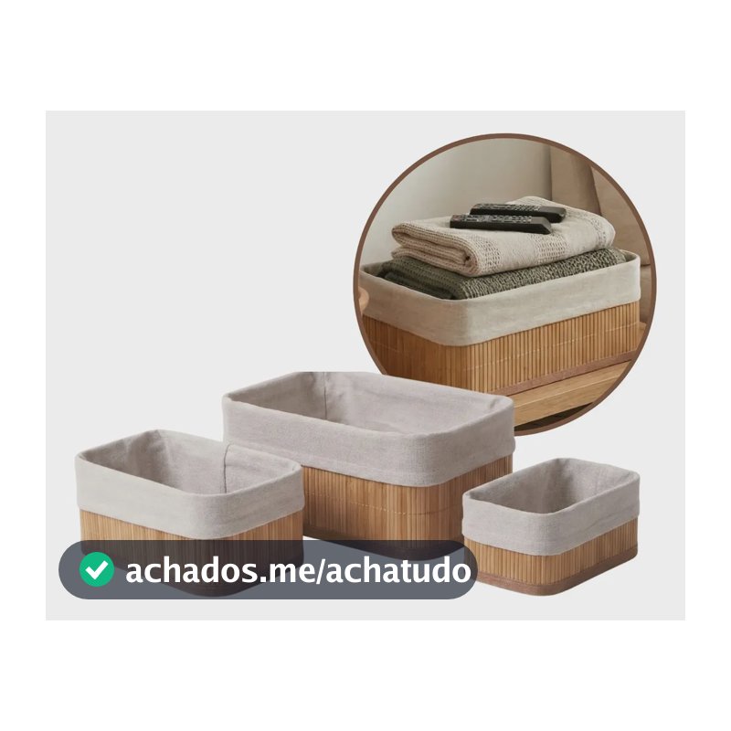 Kit 3 Cestos Organizadores de Bambu Retangulares com Forro Lavável para Sala, Quarto e Banheiro