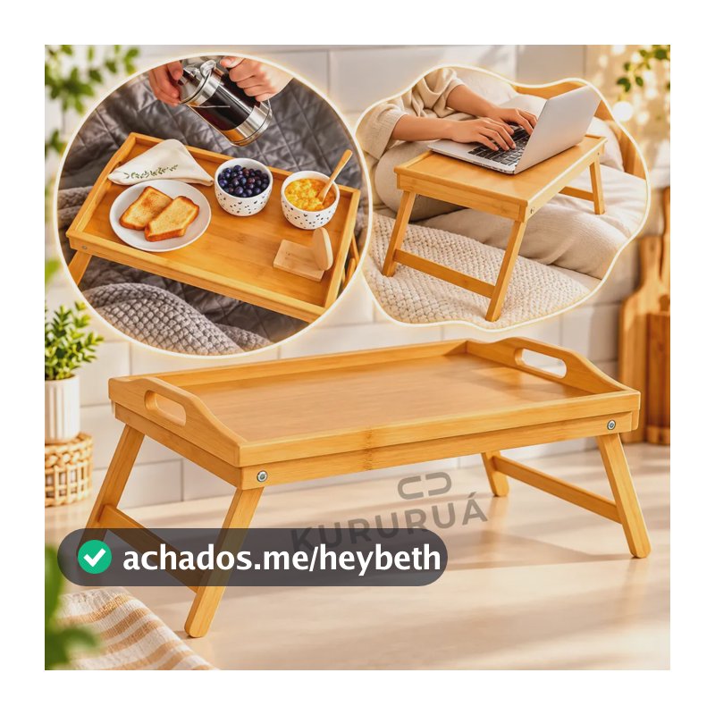 Bandeja Café Da Manha Na Cama Em Bambu Pés Dobraveis 50x30cm Marca Kururuá