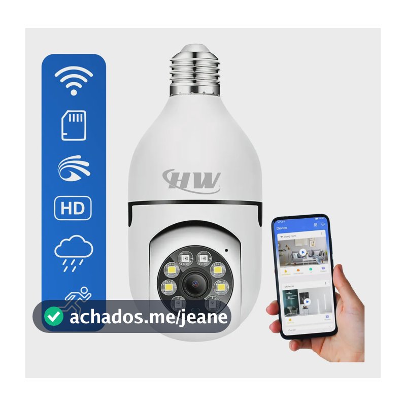 Câmera de Segurança IP Wi-Fi Lâmpada E27 HW 360° Full HD com Visão Noturna e Áudio - HW