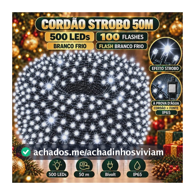 Strobo Pisca Pisca Cordão Natal 500 Leds 50m Prova D'Água Bivolt Branco Frio 100 Flash Branco Frio Decoração Enfeite Natal LuvinCo