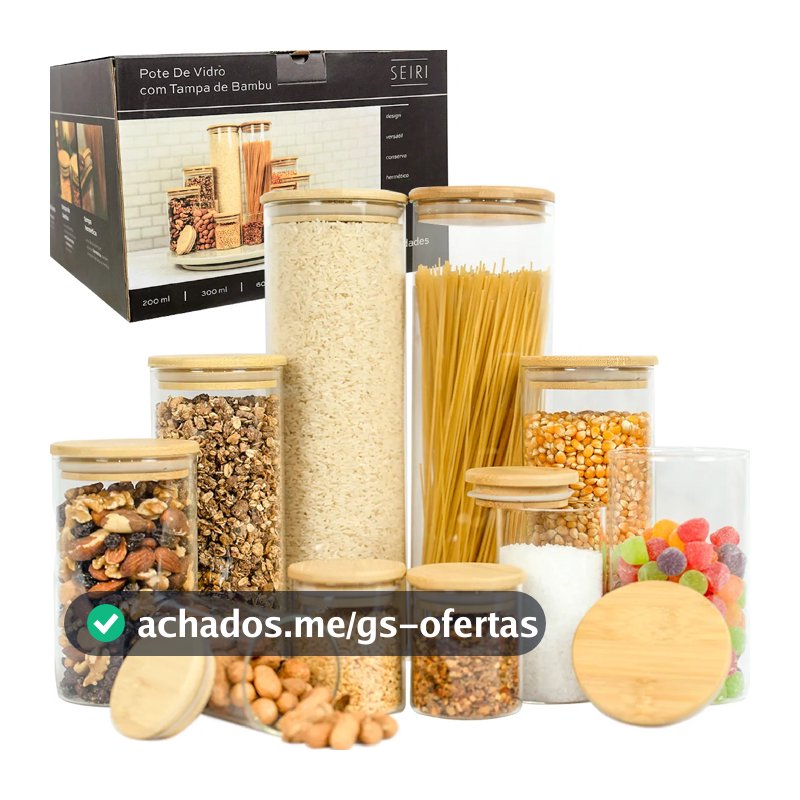 Kit 10 Potes Herméticos Vidro Tampa Bambu Seiri Para Mantimentos Cozinha