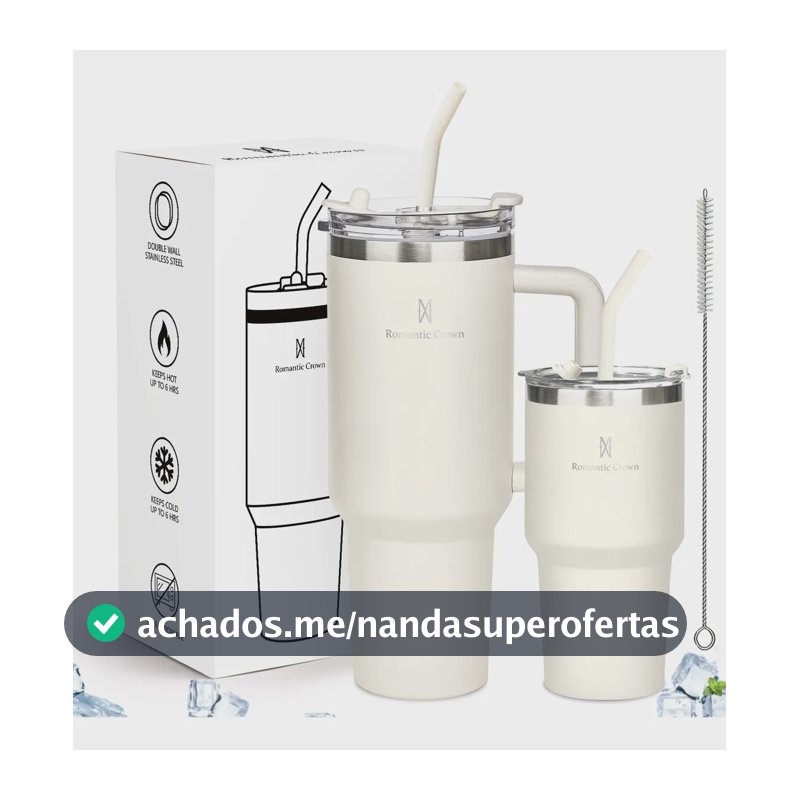 Kit Copo Térmica Inox 1200ml & 600ml Com Tampa E Canudo Branco Cor Pura