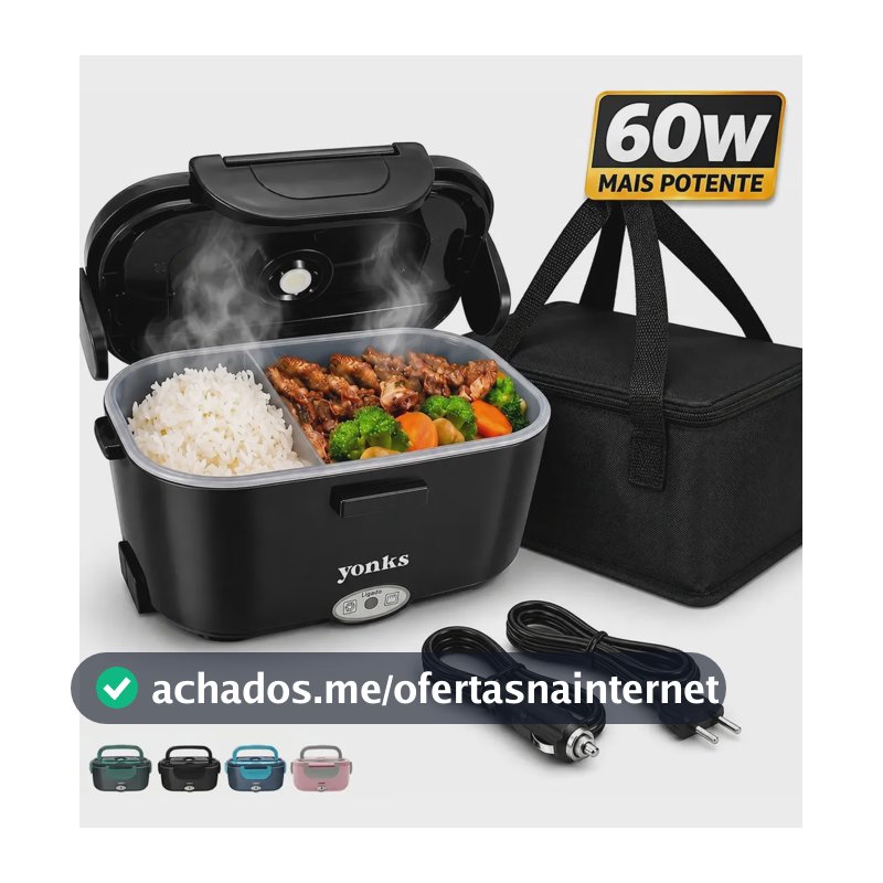Marmita Elétrica Yonks 1,5L Bivolt 60W Residencial 110/220V e Veicular 12/24V Preta Bolsa Térmica Exclusiva