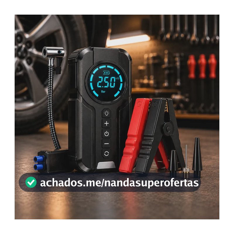 Auxiliar de Partida Bateria e Compressor de Ar Portátil 6 em 1 Inteligente para Carro, Moto e Bicicleta com Lanterna e Power Bank