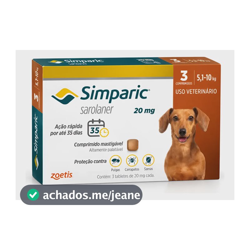 Simparic 20mg Antipulgas Cães 5 A 10kg 3 Comprimidos Zoetis Branco