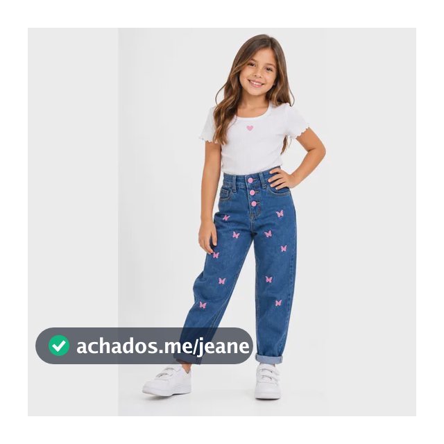 Calça Jeans Mom Infantil Menina Borboleta Bordada Cós Alto