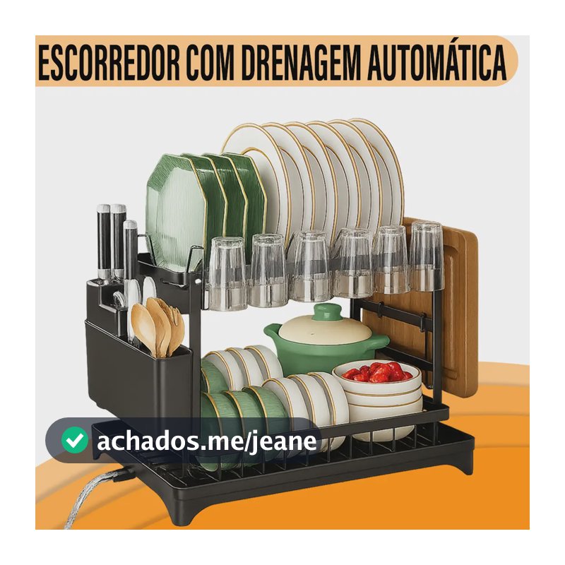 Escorredor de Louça Yab Organizador de Pia para Cozinha Gourmet, Preto em Aço, com 2 Andares, Bandeja Coletora e Porta-talheres