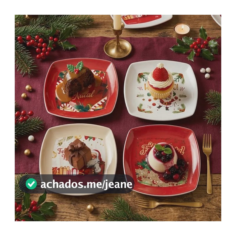 Jogo 6 Pratos Quadrado Sobremesa Natalino 18 Cm Bolo Doce Papai Noel Sortido Vermelho e Branco