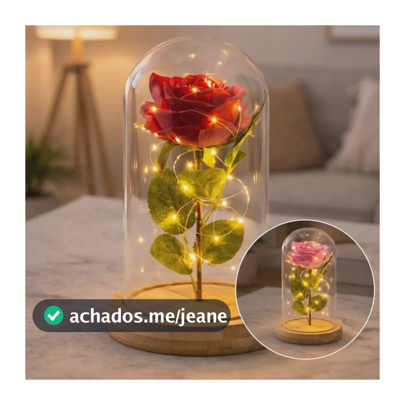 Mini Luminária Rosa Encantada Led Enfeite Modelo Mini Base Madeira Cúpula Redoma A Bela E A Fera 10.5 X 21.8 Cm Cor Vermelha - Planeta Andrômeda