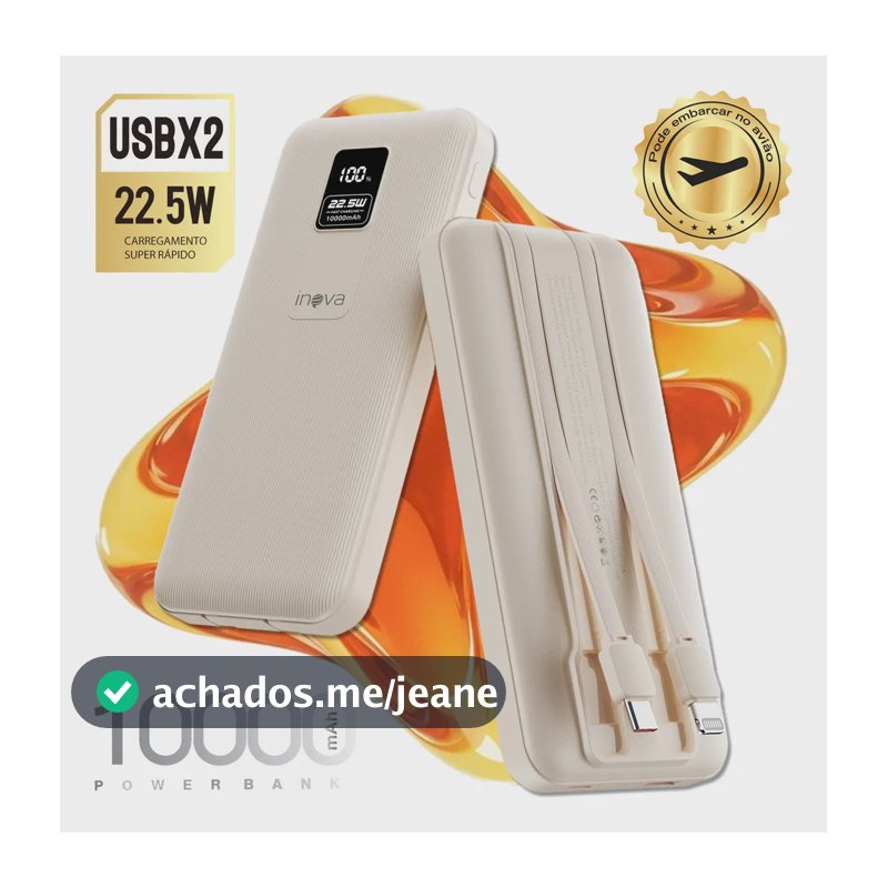 Inova Carregador Portátil Turbo 22.5w Power Bank 10.000mah Universal Externa Cor Bege