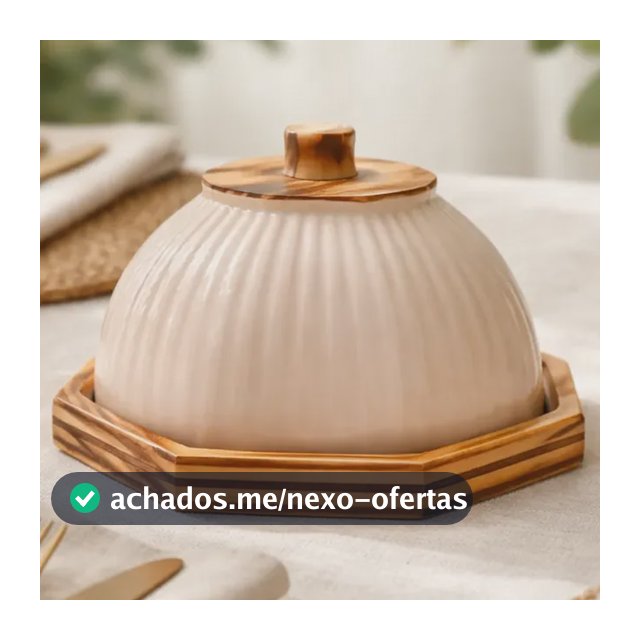 Queijeira Cloche Pequena Octagonal Madeira Cerâmica Canelada