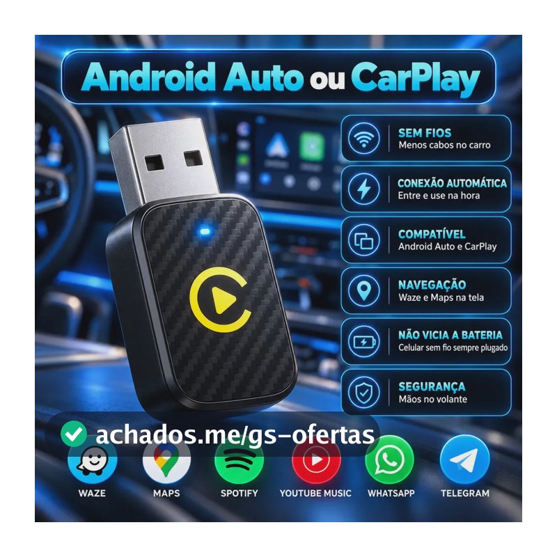 Adaptador CarPlay Sem Fio Android Auto 2 em 1 USB Wireless Automático Plug Play para Multimdia iPhone Android Conexão Rápida