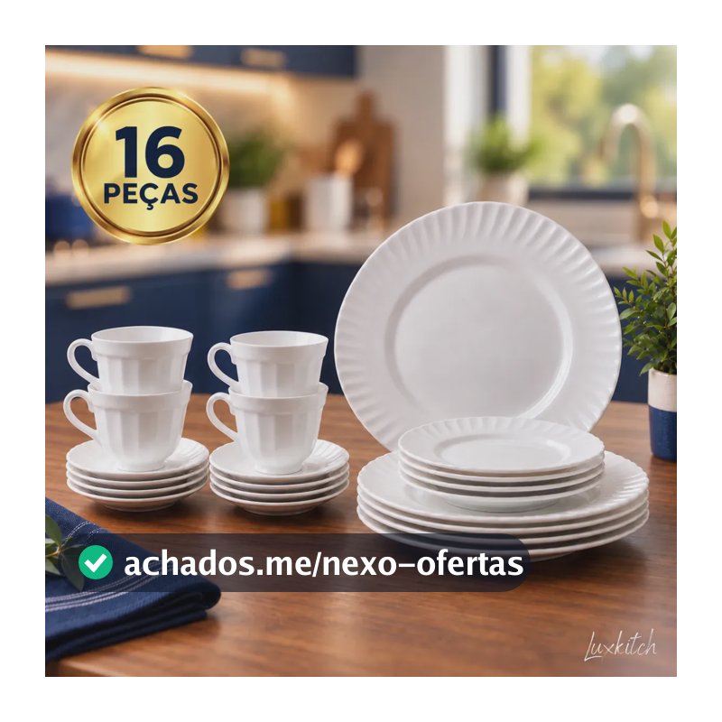 Aparelho De Jantar + Jogo Chá 16 Peças Completo Branco Liso Vidro Mesa Posta Resistente Moderno Luxkitch