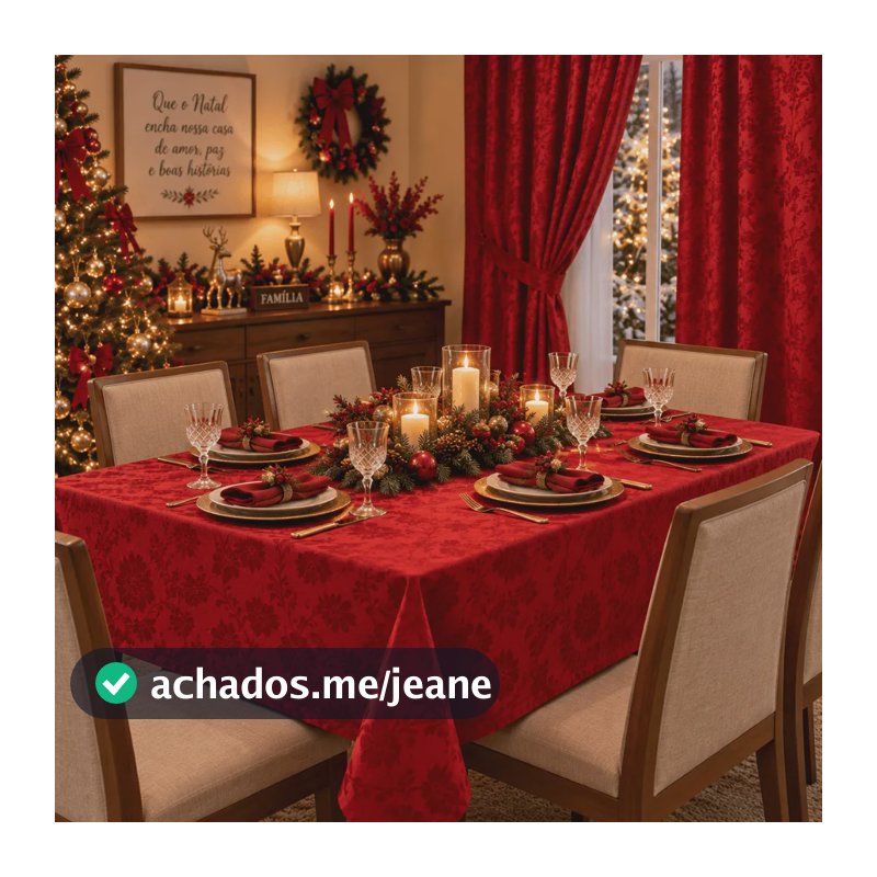 Kit Toalha De Mesa 4 Lugares + Cortina 2,80m Jacquard Natal Vermelho