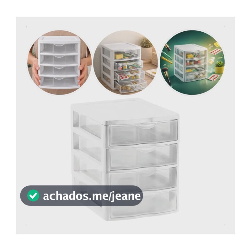 Gaveteiro Plástico Organizador Multiuso 4 Andares Nitron Branco Porta Objetos Compacto Organizador Resistente Ideal Maquiagem Bijuterias Cosméticos Documentos Organização Casa Mesa Escritório