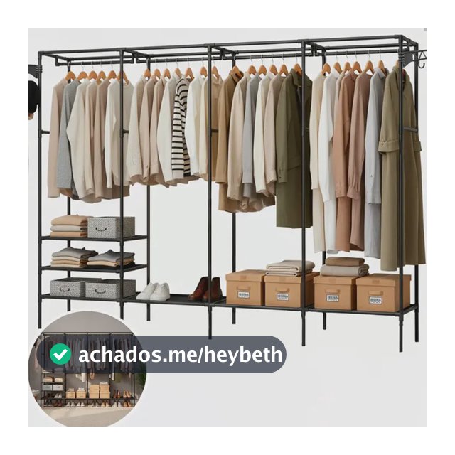 Guarda Roupa Cabideiro Organizador Closet Aberto Desmontavel Arara Divisórias 10 Prateleiras Aço Resistente Preto Irsina