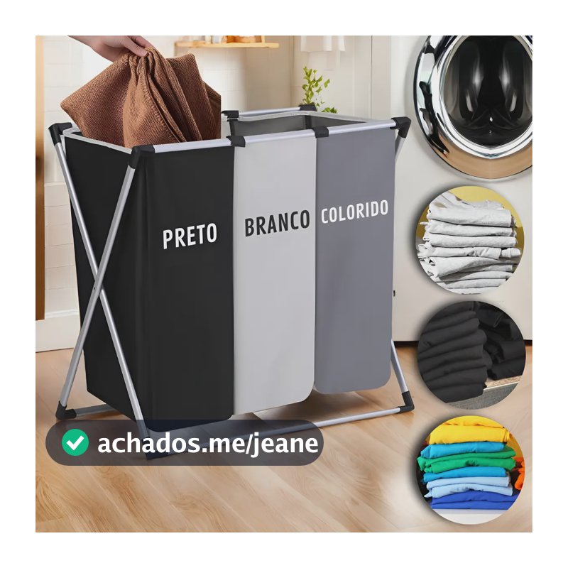 Cesto Grande Roupa Suja Organizador Cores 3 Compartimentos 3 Cores Lisa