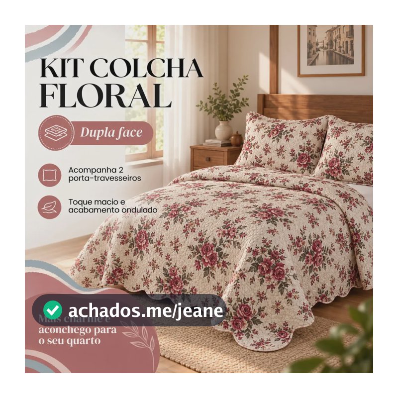 Kit Cobre Leito Colcha Cama Casal Dupla Face 3 Peças Travesseiro Creme Florido