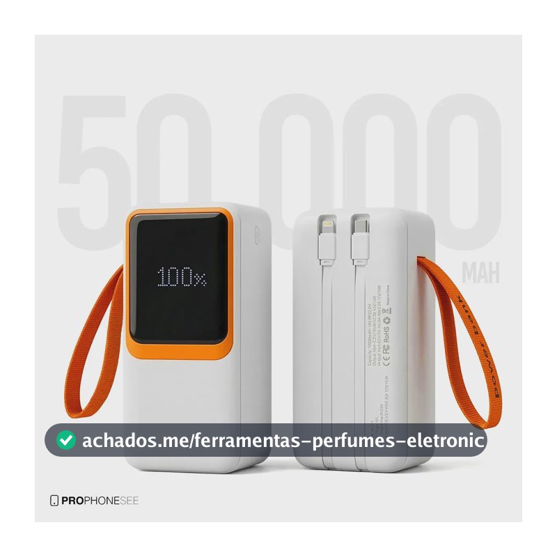 Carregador Portátil Power Bank 50000 Mah 60W Turbo Compatível Com iPhone Apple Android Asus Lg Ios Samsung Xiaomi Motorola Entrada Saída Usb Tipo C E Cabo Usbc Lightning Super Rápido Visor Display