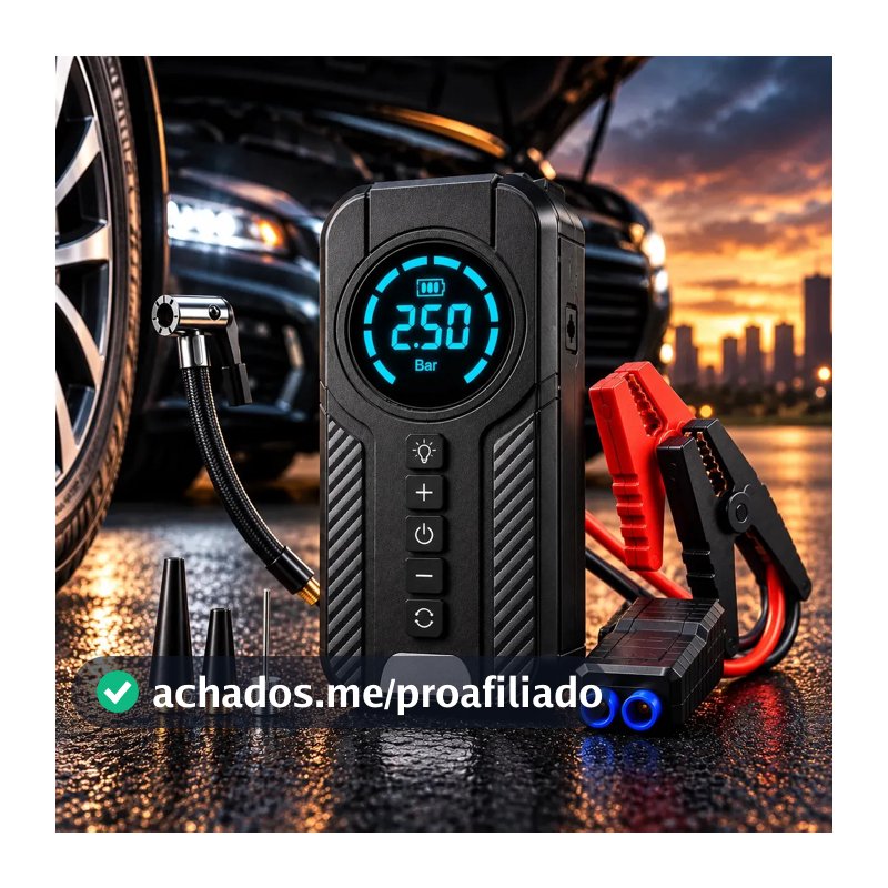 Auxiliar De Partida Bateria Carro Compressor De Ar Portátil 12V 4 funções em 1 Inflador Digital Calibrador Pneu Power Bank Lanterna LED Emergência Automotiva Moto SUV Bicicleta Caminhonete MidiaFone