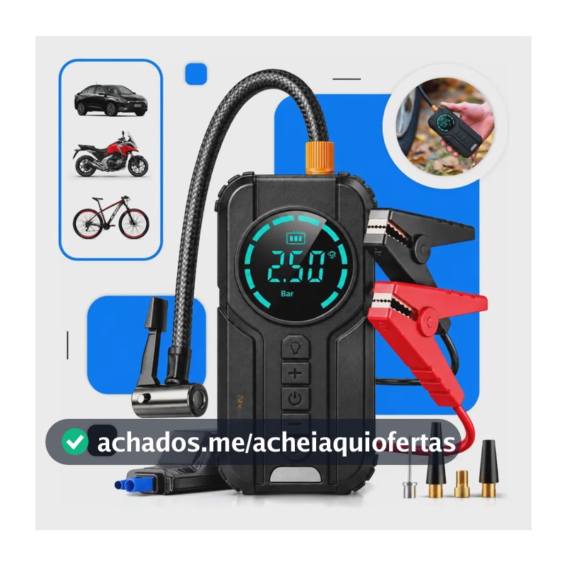AuxiIiar de Partida Carregador Bateria Com Compressor De Ar Portátil VeicuIar Emergência 6 em 1 InteIigente Digital 12V CaIibrador Pneu Automotivo Lanterna LED Moto SUV Bike Caminhonete Marca Nixzen