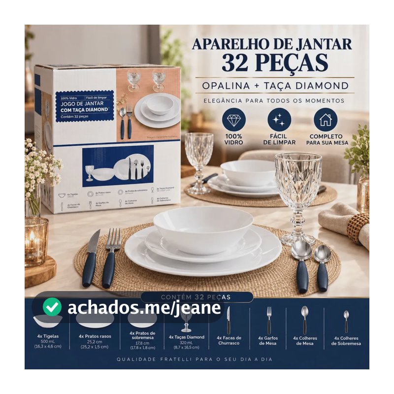 Aparelho De Jantar Nhame 32 Peças Para 4 Pessoas Com Pratos E Tigelas Em Opalina Branca com Talheres e Taças Diamond