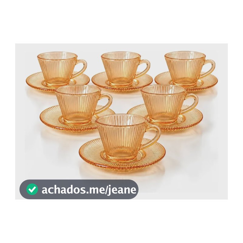 Jogo 6 Xícaras Vidro 90ml Com Pires Âmbar Para Café Vidro Liso
