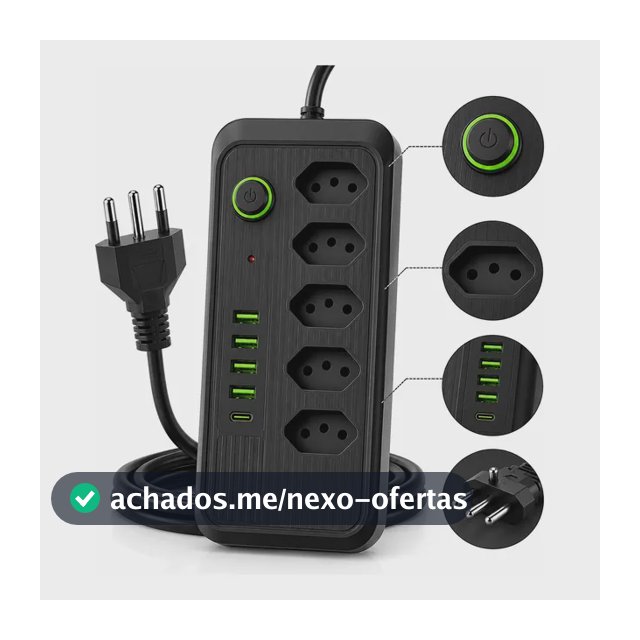 Filtro De Linha Extensão Régua Elétrica Bivolt Usb Tipo C Preto 127/220v