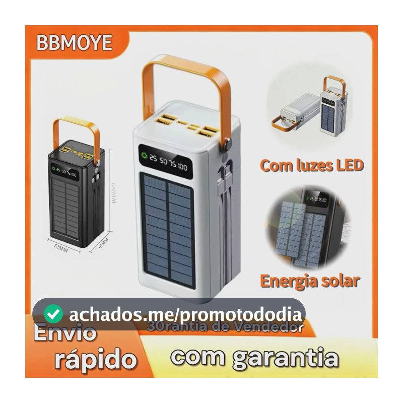 Power Bank Solar 50.000 mAh Carregador Portátil Turbo com Display LED e Lanterna para Viagem e Emergência BBMOYE