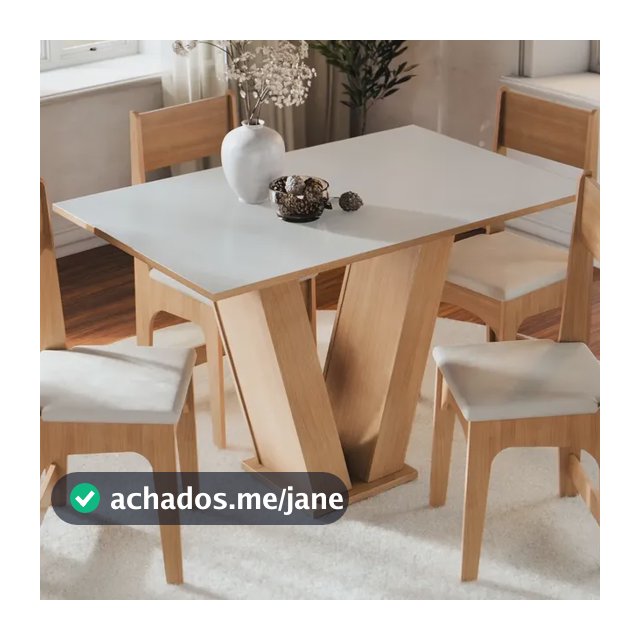 Conjunto Sala de Jantar 4 Lugares com Cadeiras Estofadas Mesa Com Tampo Retangular Semelhante Vidro Base V Mel Branco Off White