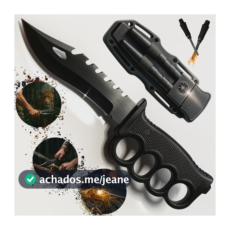 Faca Tática Soco Inglês Pederneira Bússola Sobrevivência Preto