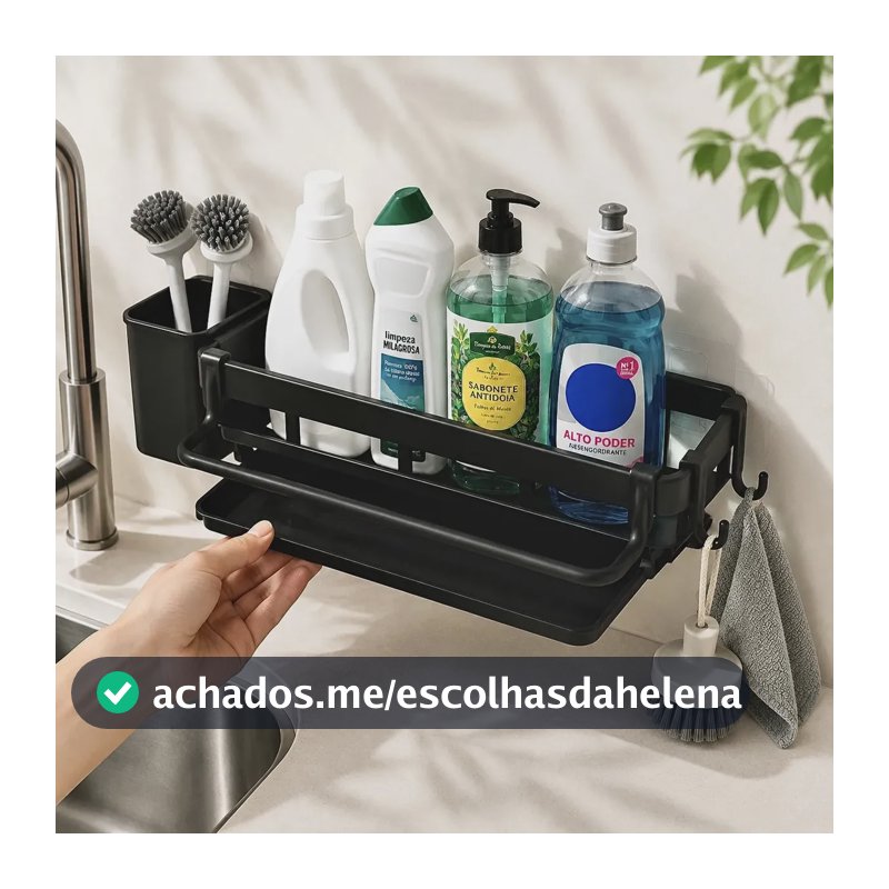 Organizador de Pia com Suporte para Detergente e Esponja Inox Preto – Sem Furar