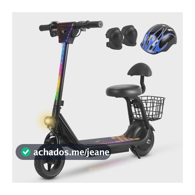 Honeywhale Jl006 Patinete Elétrico Infantil, 300w-18km/h-10km-80kg, Velocidade-juvenil-autonomia-de-bluetooth-carge, Três Velocidades, Scooter Com Banco E Cesto, 8 Pneus Sólidos, Honey Whale Preto