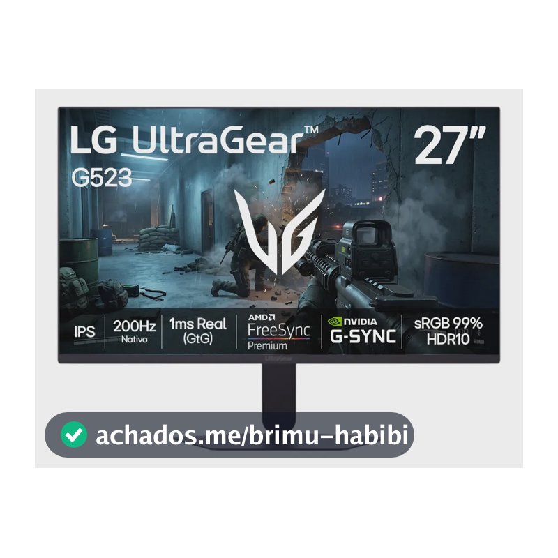 LG UltraGear Monitor Gamer 27" IPS 200Hz, 1ms (GtG), Full HD (1920x1080), HDR10, NVIDIA G-SYNC AMD, FreeSync Premium, sRGB 99%, Preto - 27G523B