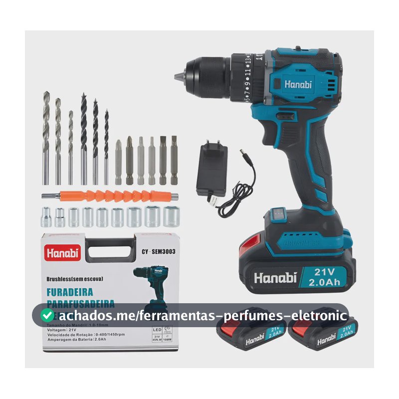 Parafusadeira Furadeira de Impacto Hanabi Brushless Sem Escova 45NM 25 níveis de ajuste 21v 2 Baterias Sem Fio Frequência 60hz 110v/220v (bivolt) Bateria Pardrao Makita