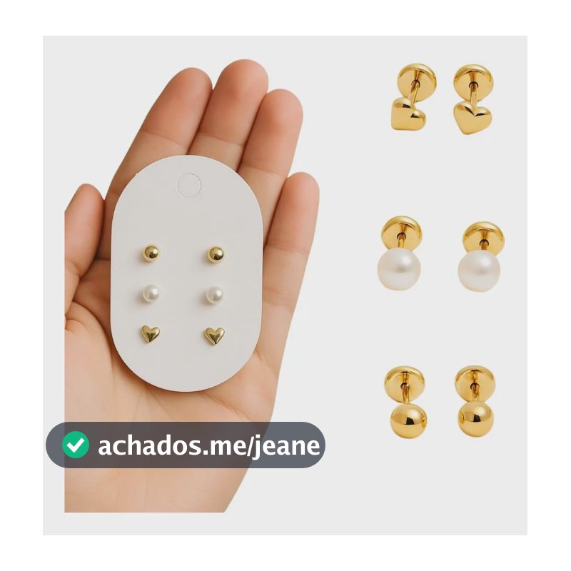 Trio Brincos Bebê Antialérgicos Banho Ouro 18k, Tarraxa Baby Pérola - Bolinha - Coração
