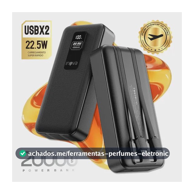 Inova Power Bank 20000mAh Carregador Portátil 22.5w Turbo Rápida Com Cabos LED Display Universal Para Celulares iPhone 17/16/15/14/13/12 Samsung Galaxy S24/S23/S22/S21/A55/A54 Motorola Moto G - Preto