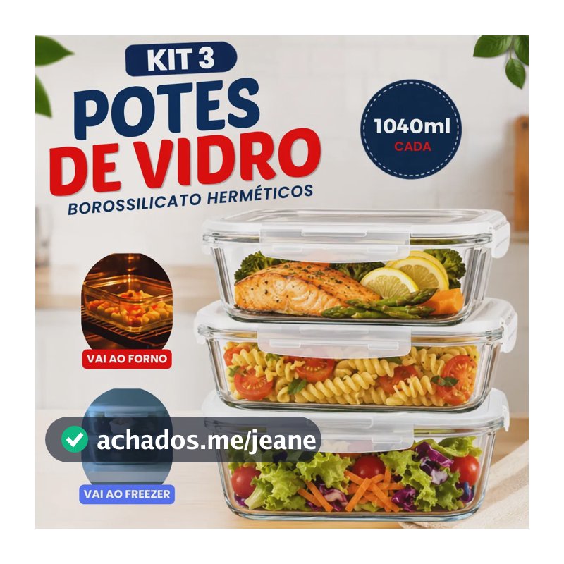 Kit 3 Potes de vidro hermético 1040ml Borossilicato transparente marmita com tampa travas vedação tapuer refrátario para forno micro-ondas freezer reutilizável para cozinha fitness pote salada frios