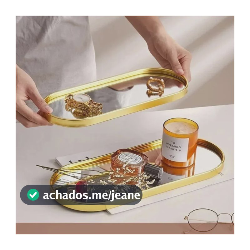 Bandeja Decorativa Espelhada Luxo Oval Lavabo Multiuso Cafe Dourado