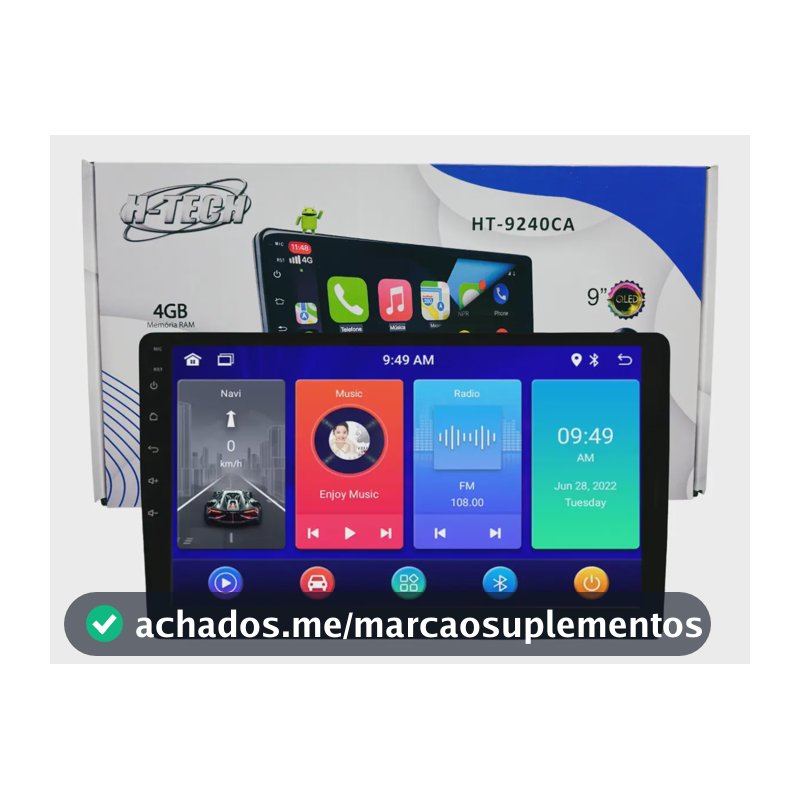 Multimídia Android H-tech 9" Slim QLED Full Touch CarPlay Wi-fi Bluetooth | 4x60W | 4GB 64GB | GPS