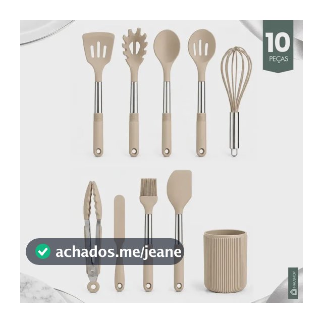 Kit Utensílios 10 Peças Cozinha Silicone Cabo Inox Tamanho Grande Jogo Completo Premium de Colheres Espatúlas Pegador Conjunto Funcional Com Suporte Resistente Não Enferruja Haushop Cor Bege