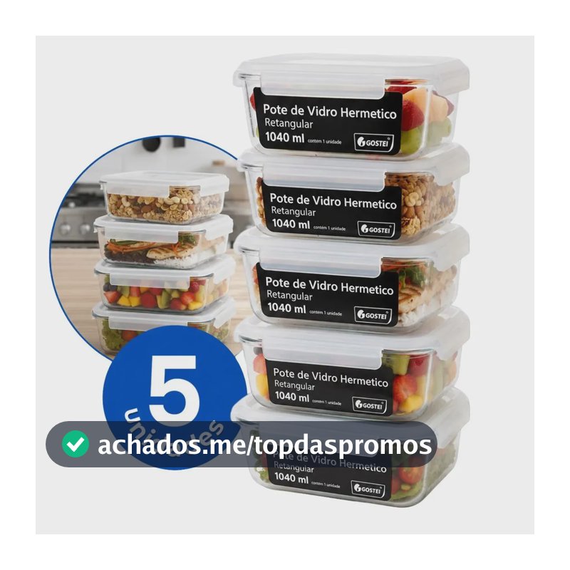 Kit 5 Potes De Vidro Hermético 1040ml Retangular Tampa Trava Vidro Borossilicato