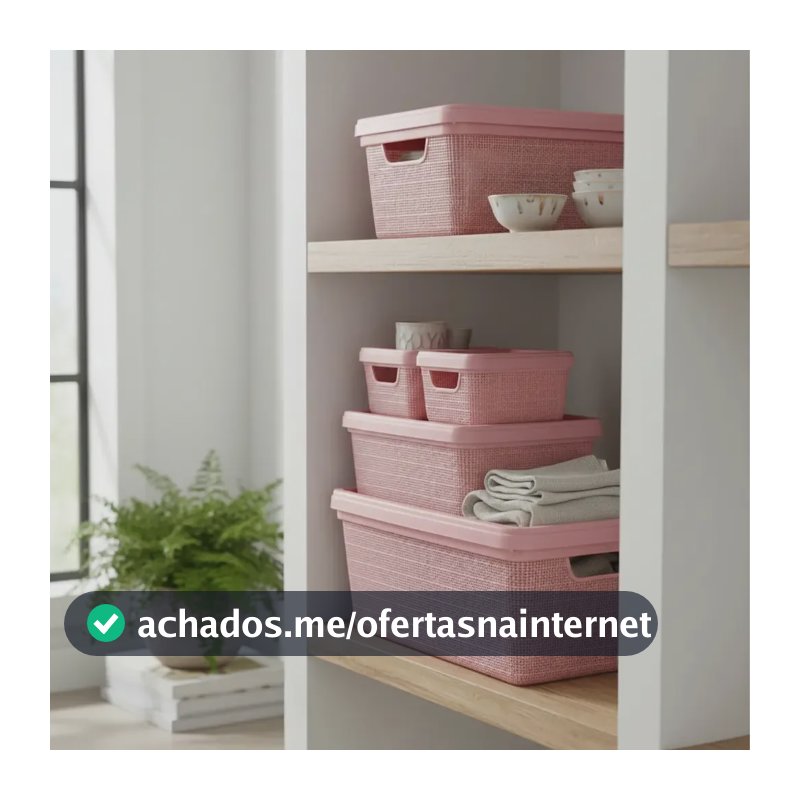 Kit 5 Caixas Organizadoras 1,8l 5l 15l Cesto Tampa Multiuso Cor Rose Lisa