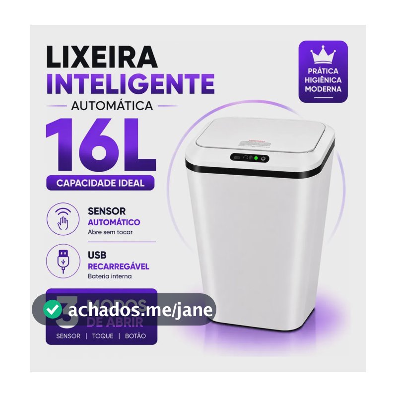 Lixeira Inteligente Automática 16L Sensor Infravermelho Recarregável USB-C 3 Modos Tampa Touch Banheiro Cozinha