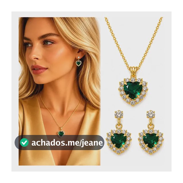 Colar Feminino Folheado A Ouro Com Pingente Brincos E Caixa Verde