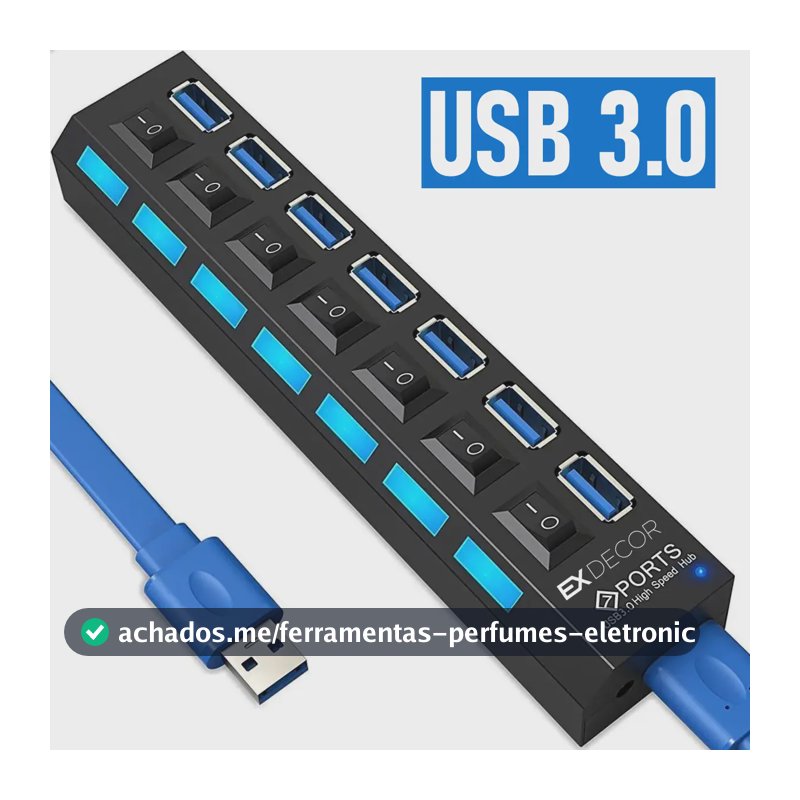 Hub Usb Com 7 Portas Ultra Rápido Para Pen Drive E Hd 3.0 5Gbps Alta Velocidade De Dados Turbo Usb Marca Ex Decor