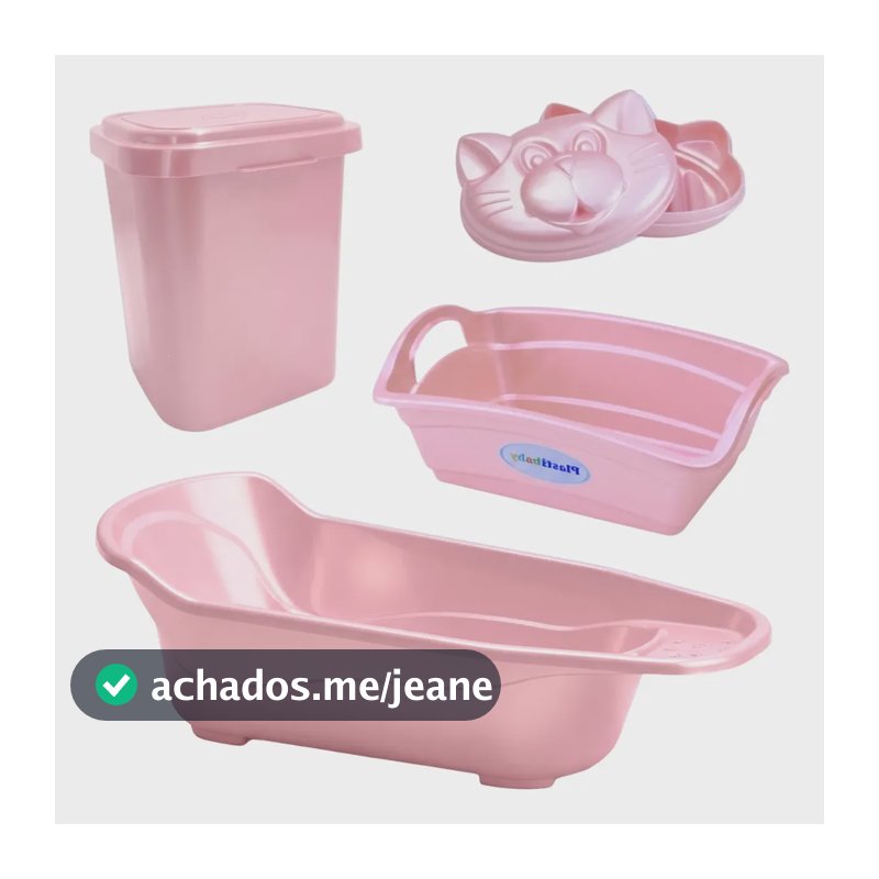 Kit Banheira Plastibaby 4pçs Organizador Lixeira Saboneteira Rosa Perolado