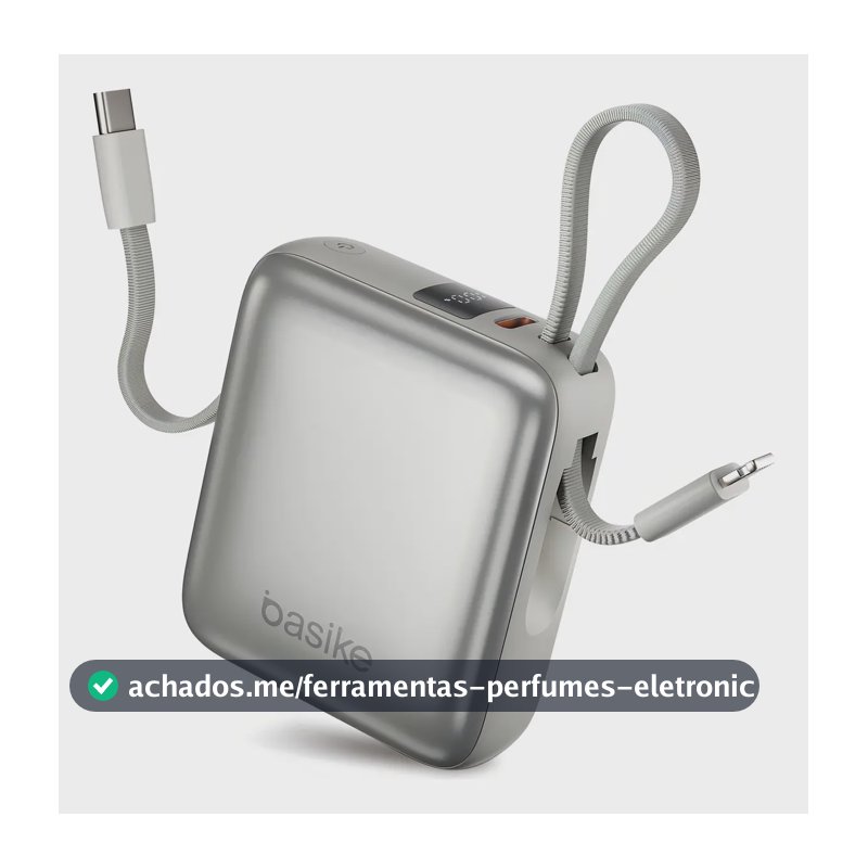 Carregador Portátil Power Bank Basike 10000mAh 22.5W Rápido 4 Saídas Cabo Embutido Display iPhone Samsung